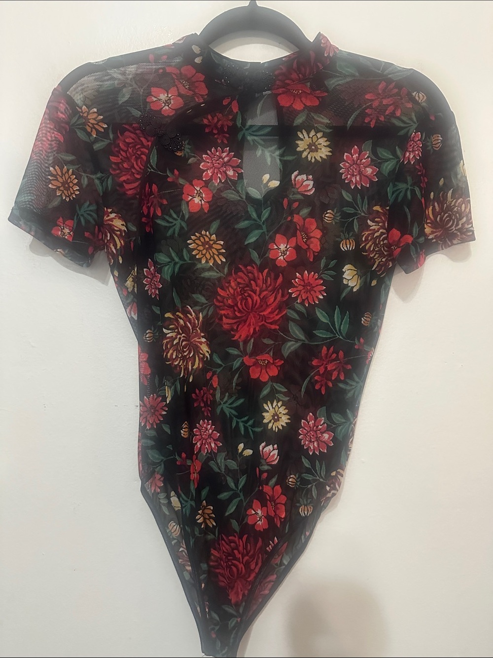 Forever 21 Black Floral Mesh Short-Sleeve Bodysuit with Red and Green Print